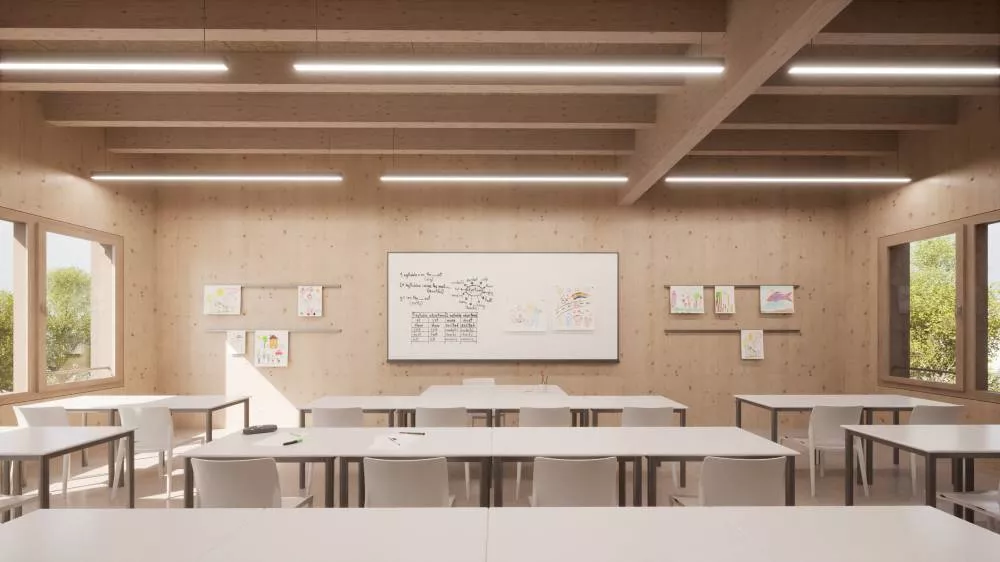 Crédit photo RHB Architectes : Vue intérieure d’une salle de classe