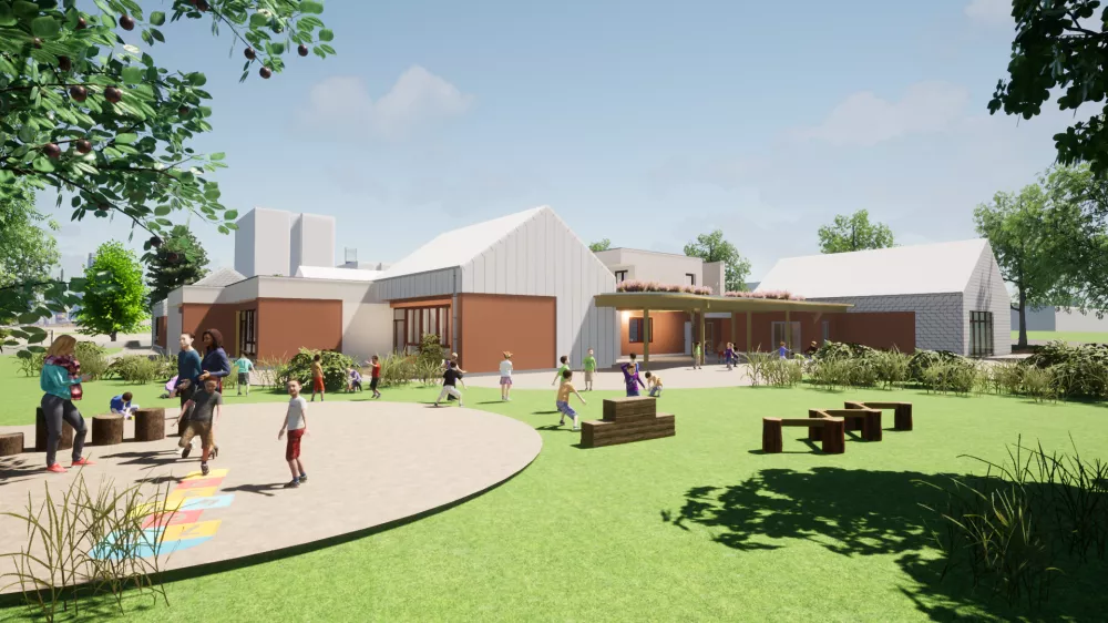 Crédit photo M-Associés Architectes : Vue extérieure sur le préau et les salles de classe