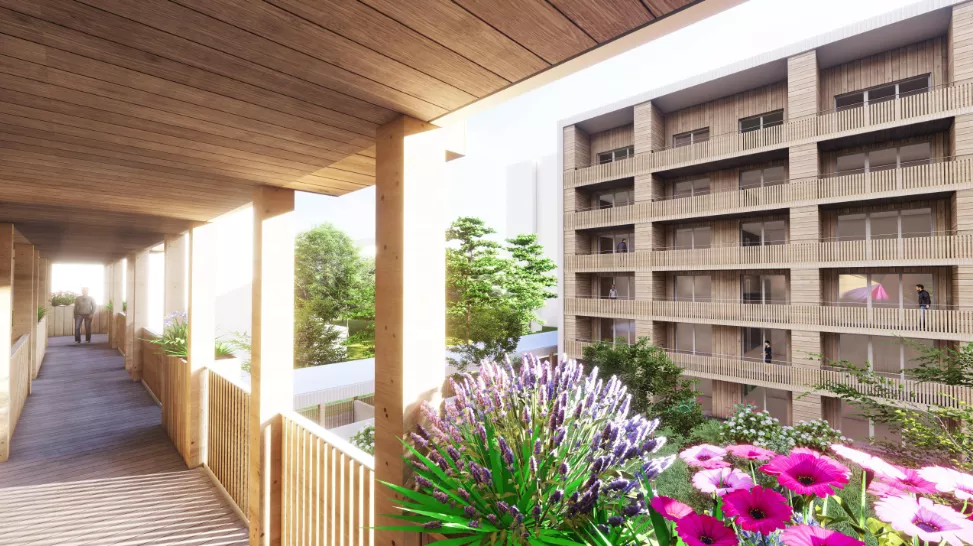 Crédit photo K&+ Architecture Globale : Vue d’une coursive vers les balcons